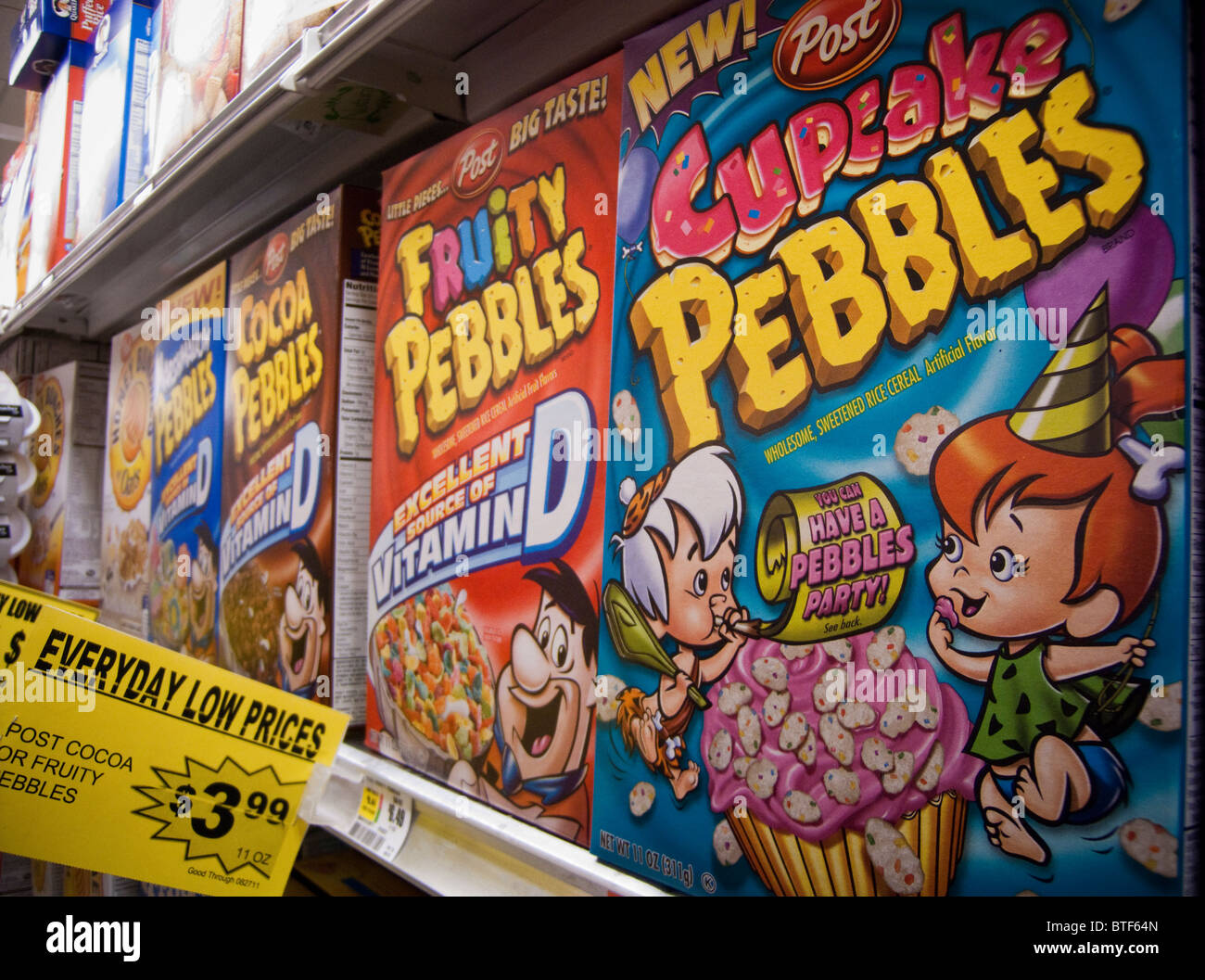 Boxes of Post breakfast cereal featuring The Flintstones cartoon characters Stock Photo
