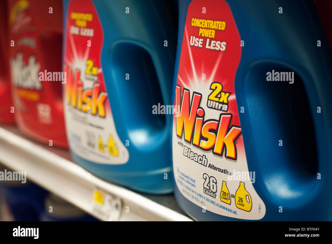 Bottles of Wisk laundry detergent on a supermarket shelf in New York on