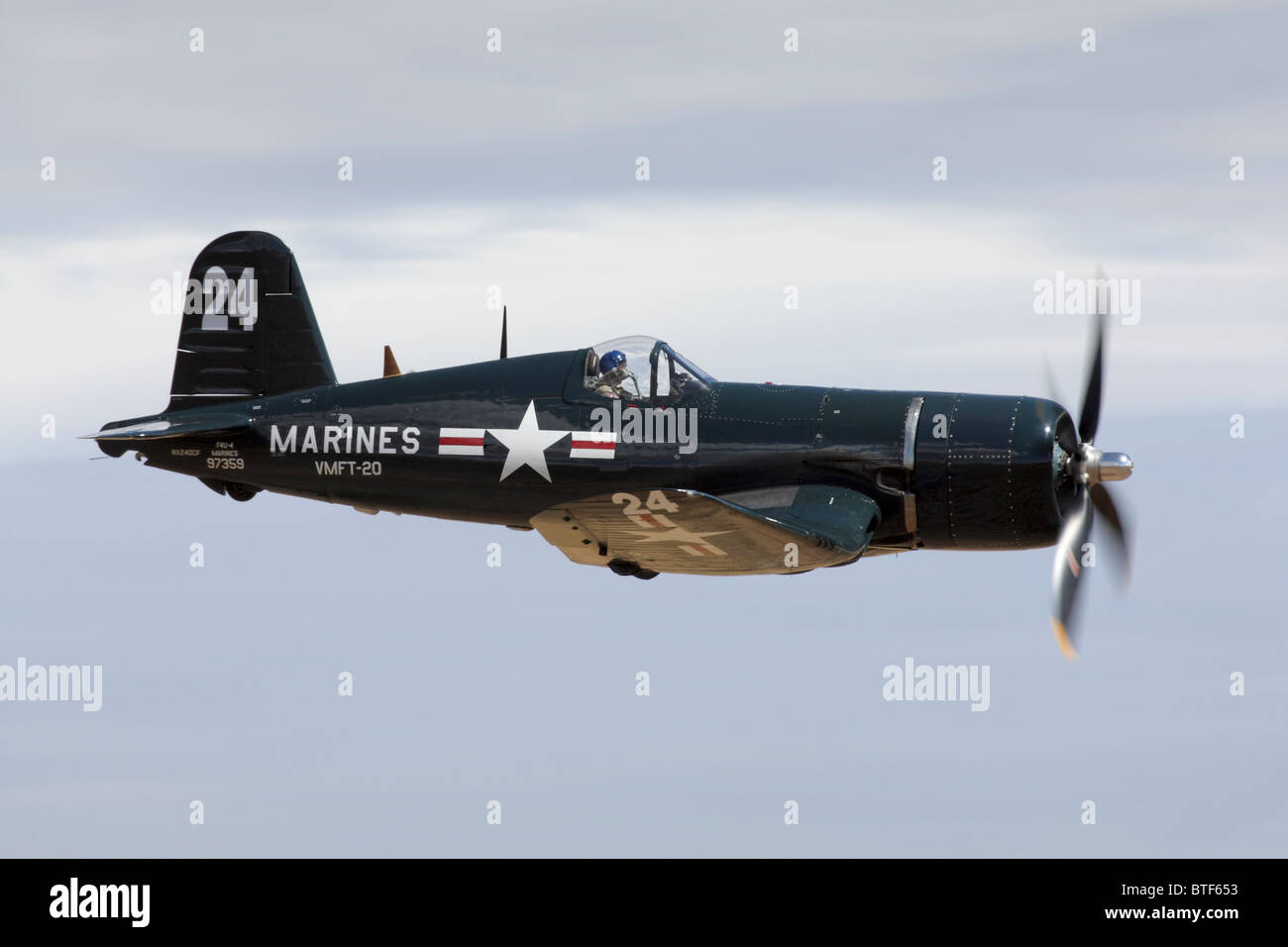 Chance-Vought F4U Corsair in flight during the 2010 Reno National Championship Air Races at Stead Field near Reno, Nevada. Stock Photo