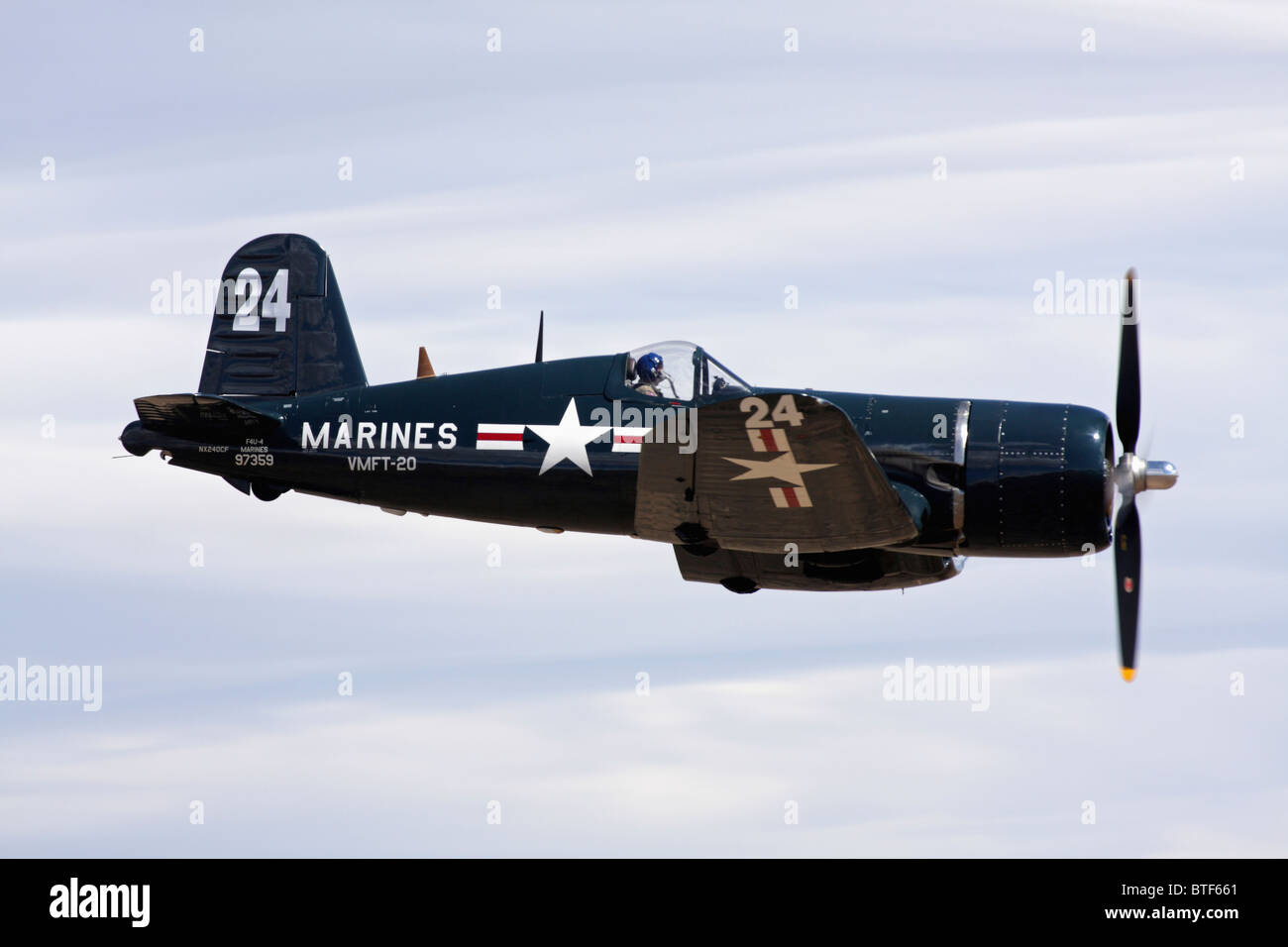 Chance-Vought F4U Corsair in flight during the 2010 Reno National Championship Air Races at Stead Field near Reno, Nevada. Stock Photo