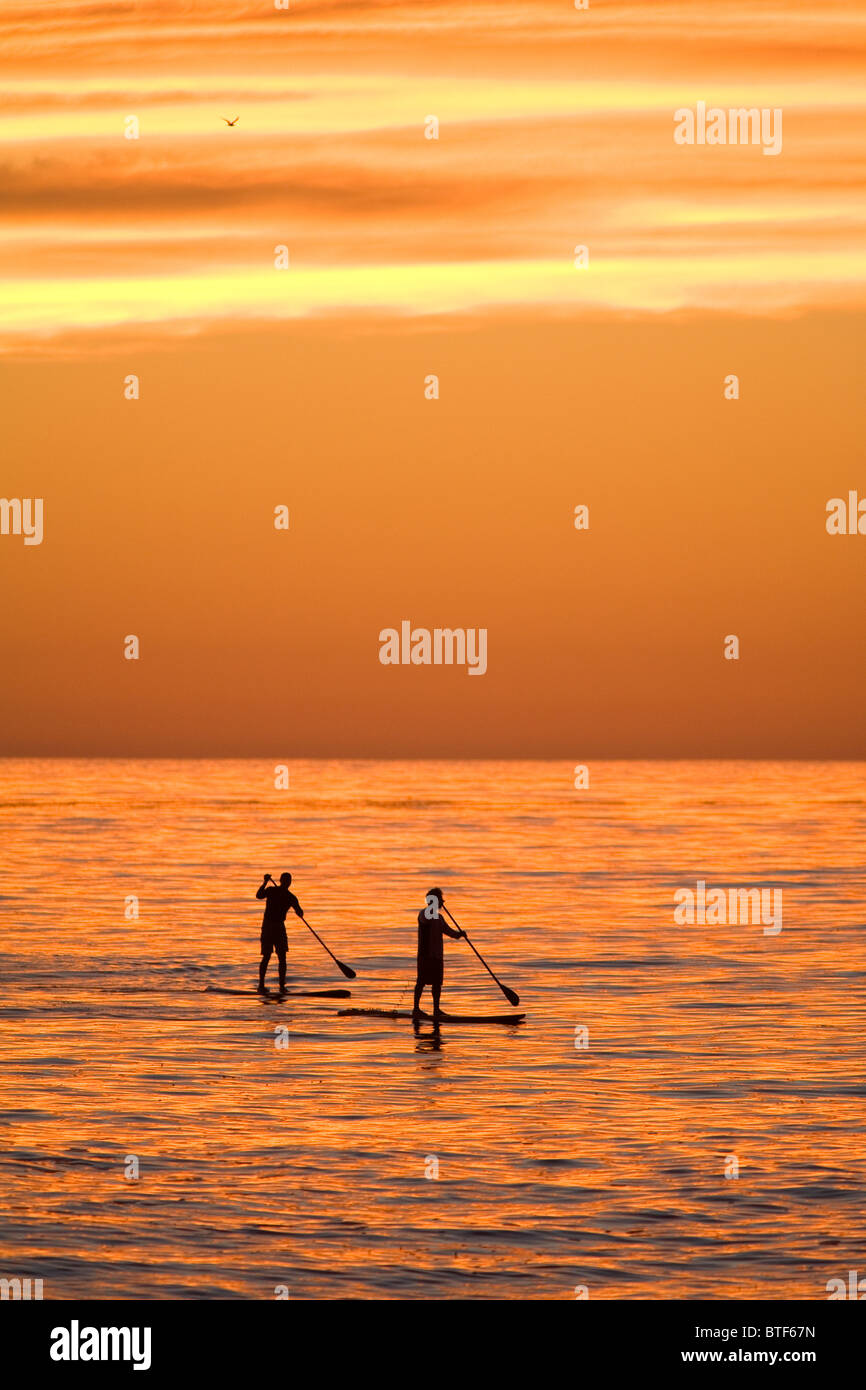 Two Stand Up Paddle Boarders at Sunset, Windnsea Beach, La Jolla, California Stock Photo