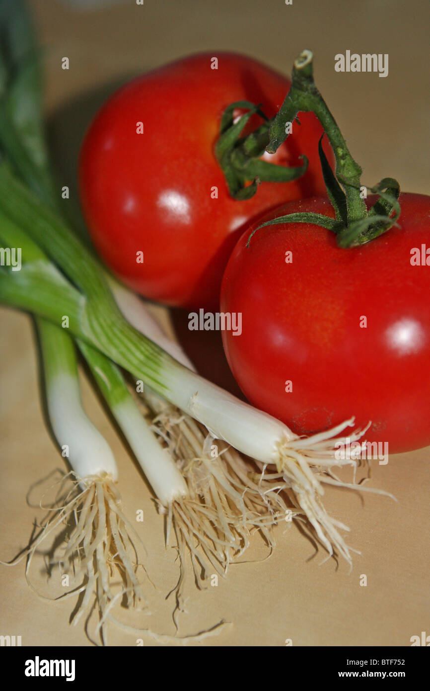 red tomato, green scallion, vegetable, garden, veggies Stock Photo