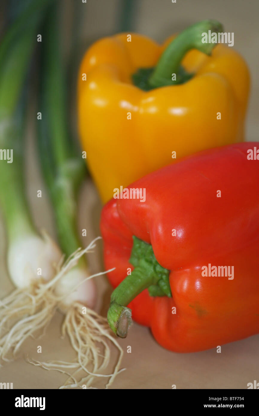 yellow and red Paprika, green scallion, vegetable, garden, veggies Stock Photo