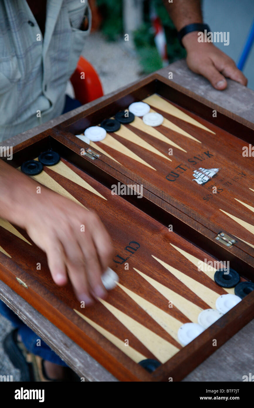 people playing backgammon, Rhodes old Town, Rhodes, Greece Stock Photo