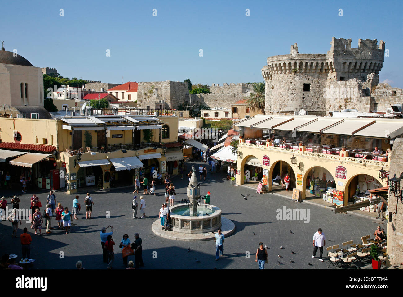 View over Hippocrates square and the castellania building, Rhodes old town, Rhodes, Greece. Stock Photo