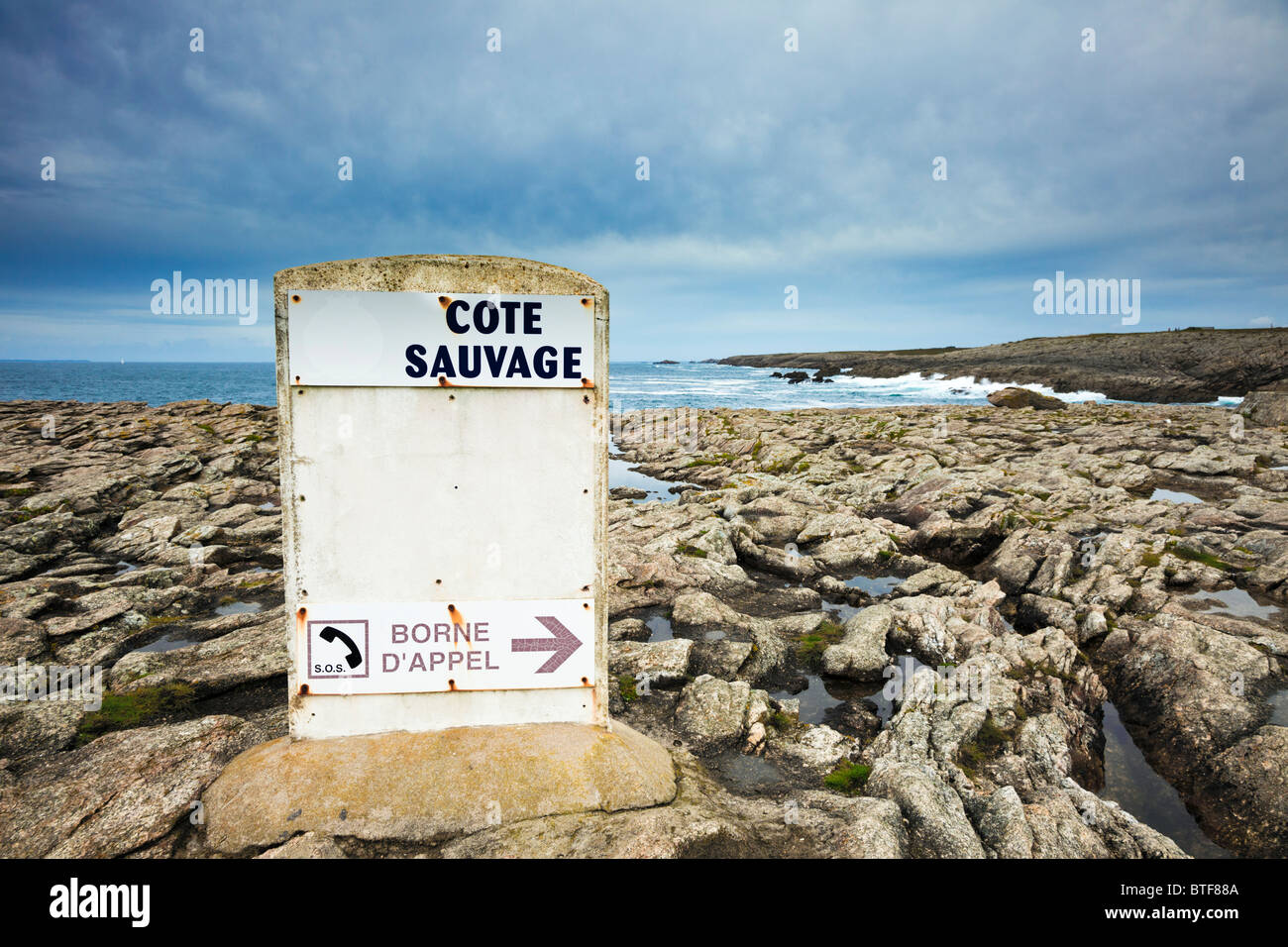 Water safety information on the Cote Sauvage, Morbihan, Brittany, France, Europe Stock Photo