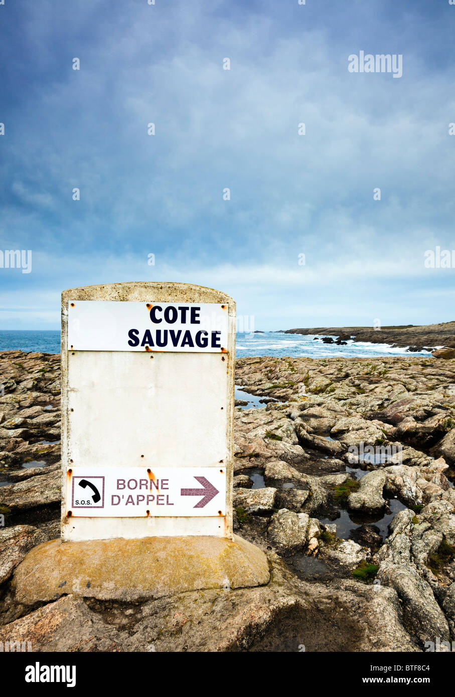 Water safety information on the Cote Sauvage, Morbihan, Brittany, France Europe Stock Photo