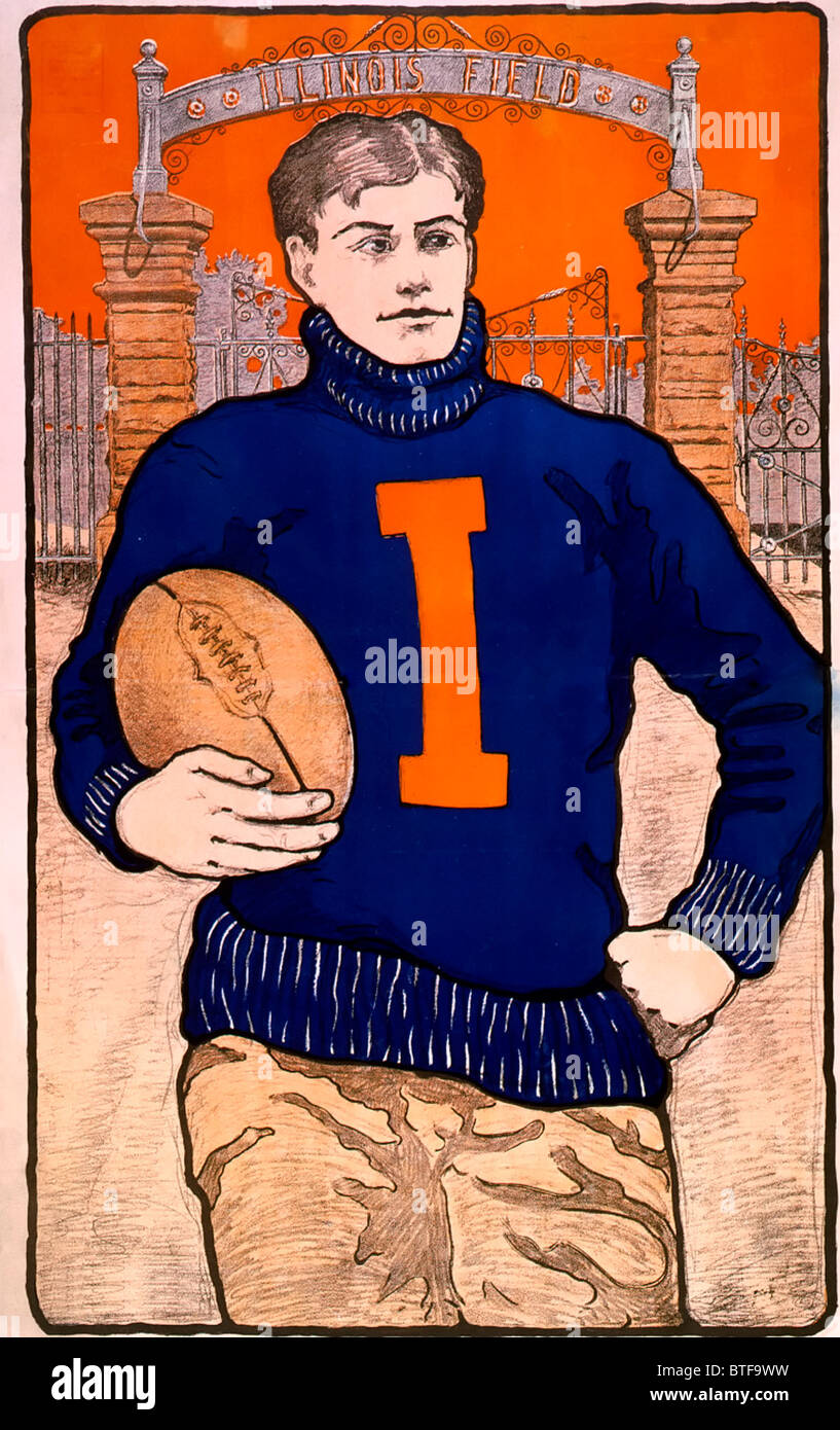 Football player, with letter I on sweater, holding football, in front of Illinois Field, circa 1902 Stock Photo