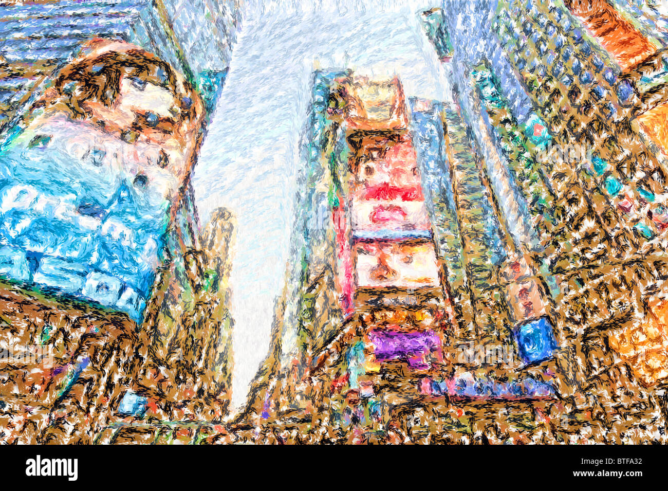Impressionistic style painting of Times Square in New York City Stock Photo