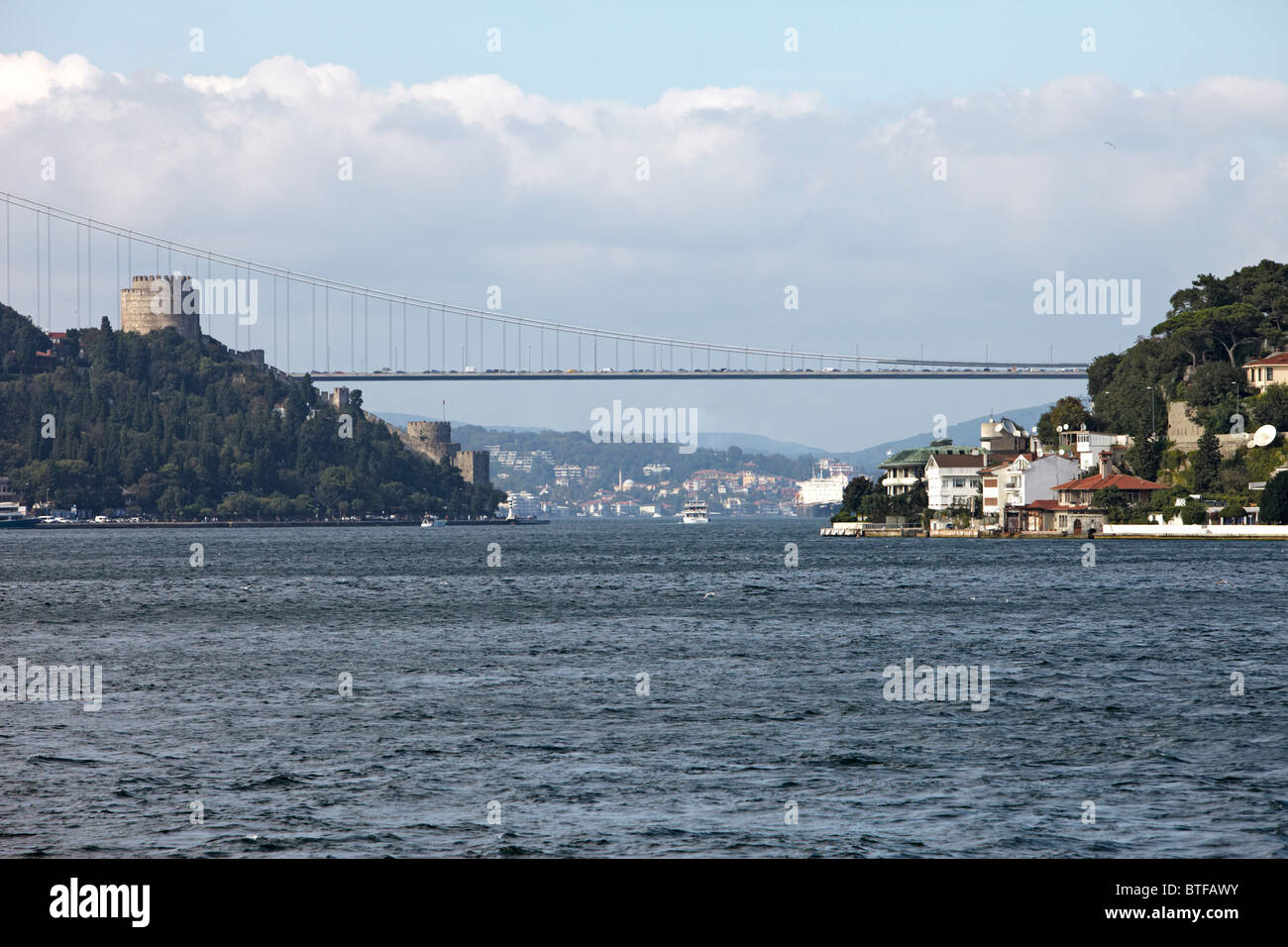 Istanbul fortress of Europe and the Fatih Sultan Mehmet bridge over the Bosphorous Stock Photo