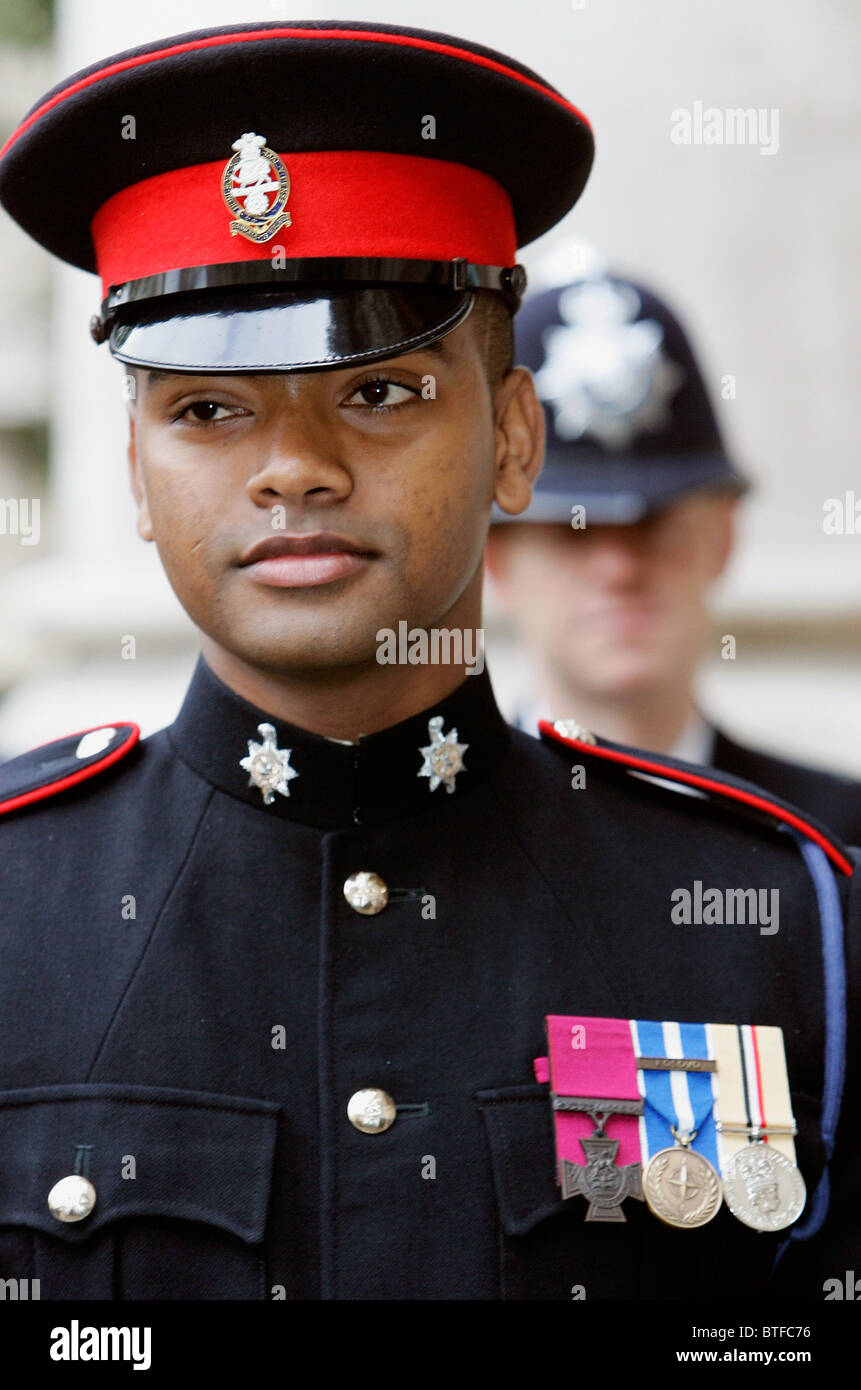 Private Johnson Beharry with Victoria Cross VC medal for bravery at Westminster Abbey, London Stock Photo
