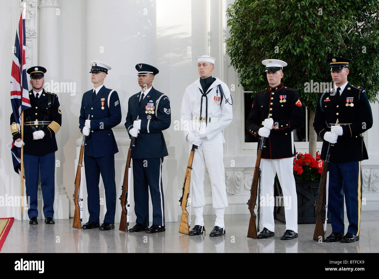 Military officers from army, navy, coastguard, airforce and marines as ceremonial guard at the White House, Washington DC, USA Stock Photo