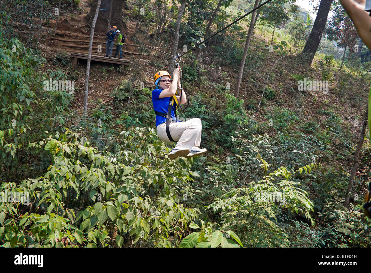 Woman having fun on ziplines at canopy tour in the Chiang Mai area of Thailand. Stock Photo