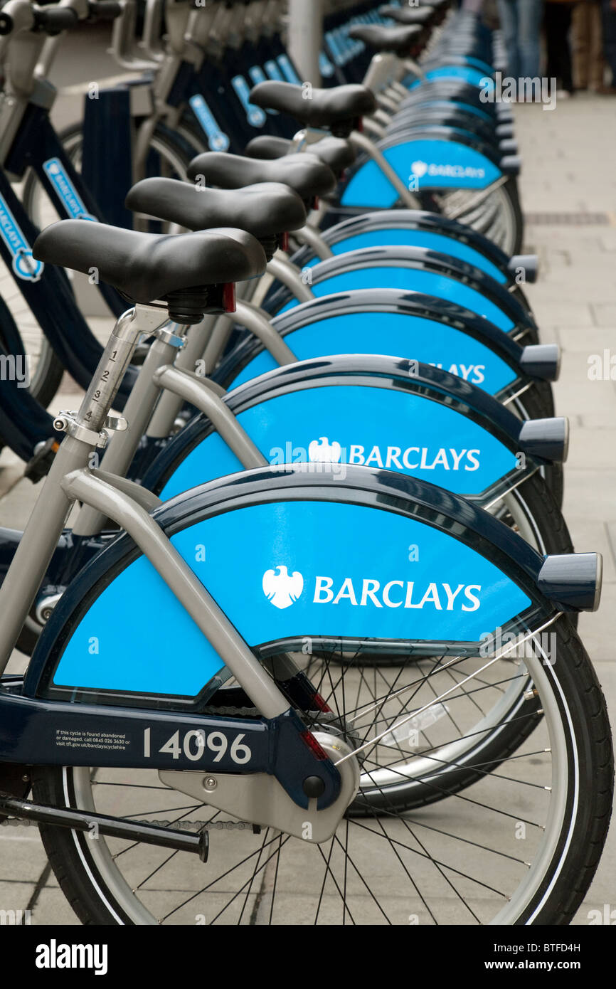 Barclays Transport for London Cycling scheme cycles in a bicycle rack
