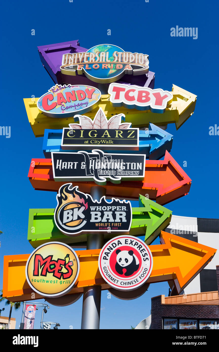 Signs in Universal City Walk, Universal Studios, Orlando, Central Florida, USA Stock Photo