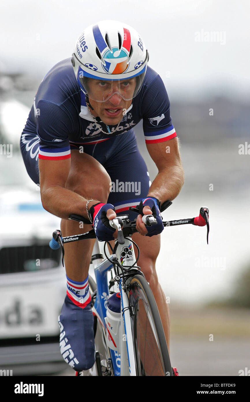 Nicolas VOGONDY of France (FRA) racing to 15th place in the Elite Men's Time Trial race at the 2010 UCI Road World Championships Stock Photo