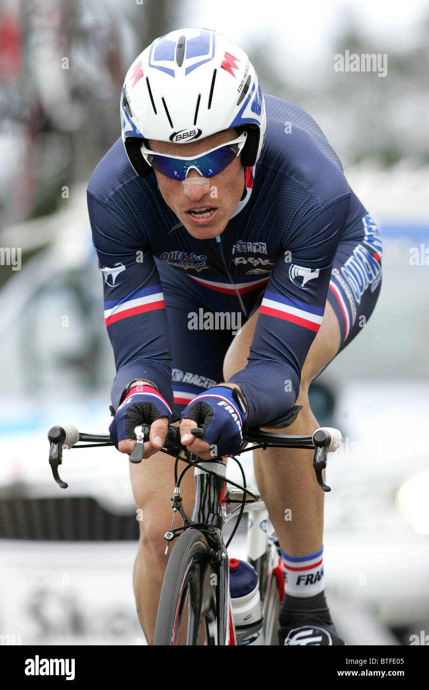 Sylvain CHAVANEL of France racing in the Elite Men's Time Trial race at the 2010 UCI Road World Championships. Stock Photo