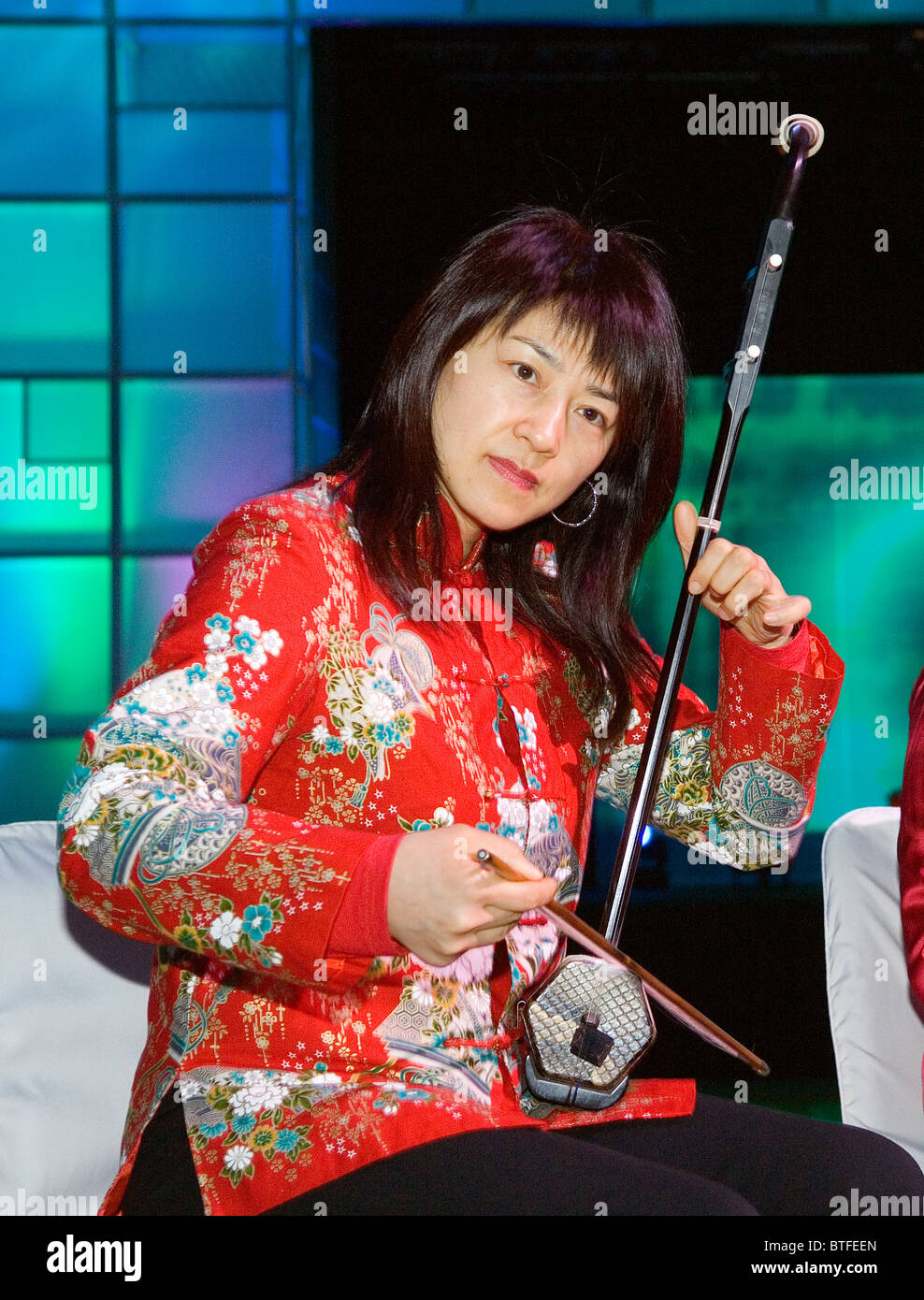 Two stringed ancient Chinese violin type classical bowed string musical instrument of the huqin family known as an erhu Stock Photo