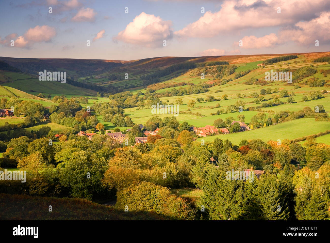 Warm sunlight illuminating The North York Moors Village of Rosedale and