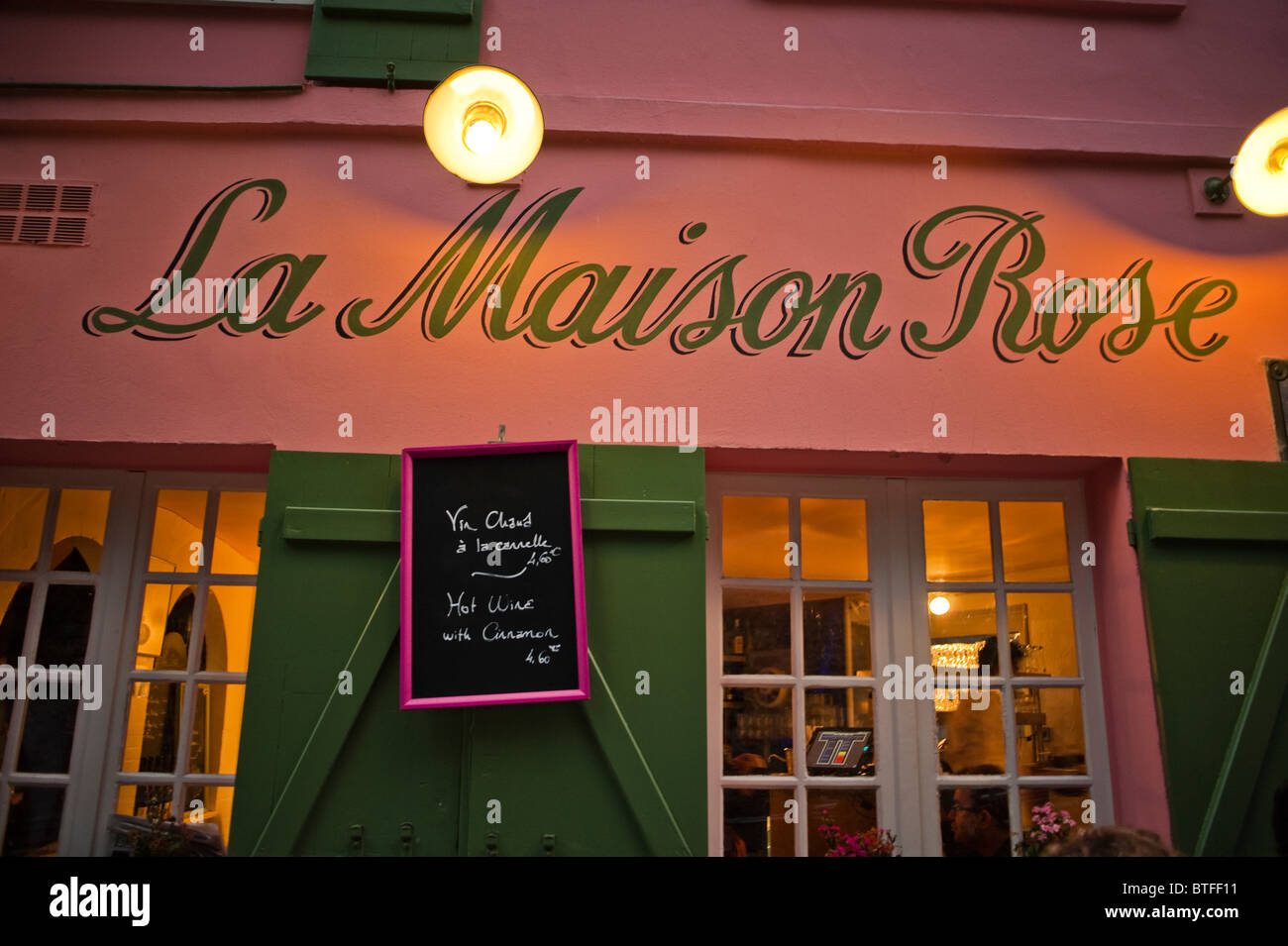 Paris, France, Montmartre District, Old Typical French Bistro Café 'La Maison Rose' Detail, Front, Sign vintage Paris window Stock Photo