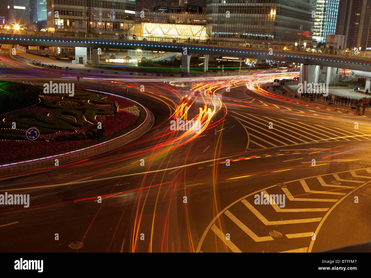 vehicle light track in a shanghai road in Pudong Stock Photo