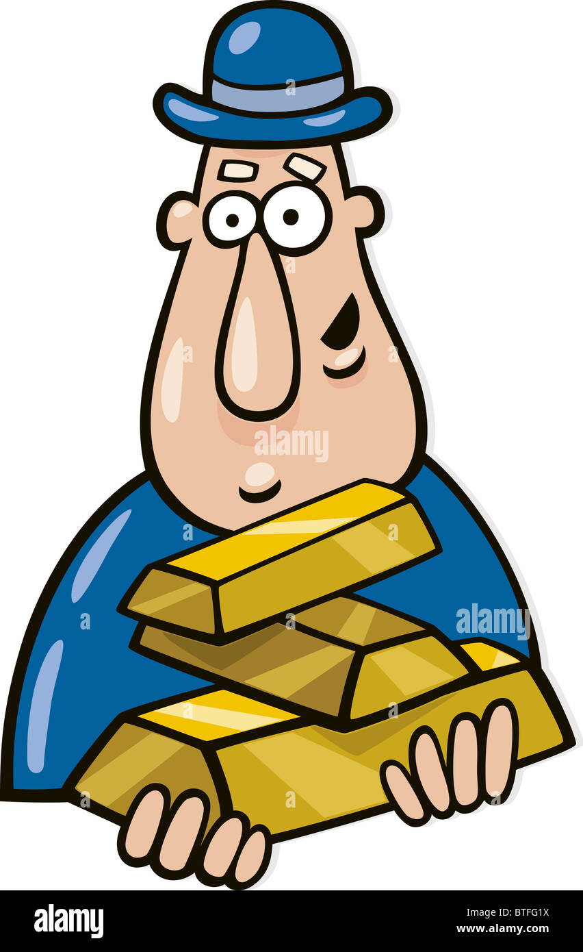 Cartoon illustration of man with gold bars Stock Photo