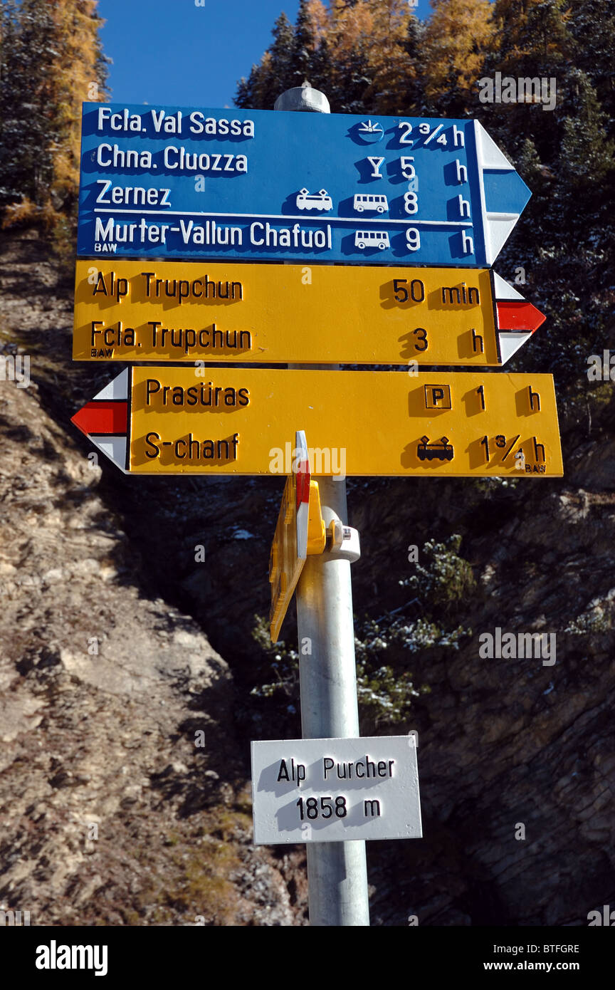 Sign post in Val Trupchun, Swiss National Park, Graubunden, Switzerland Stock Photo