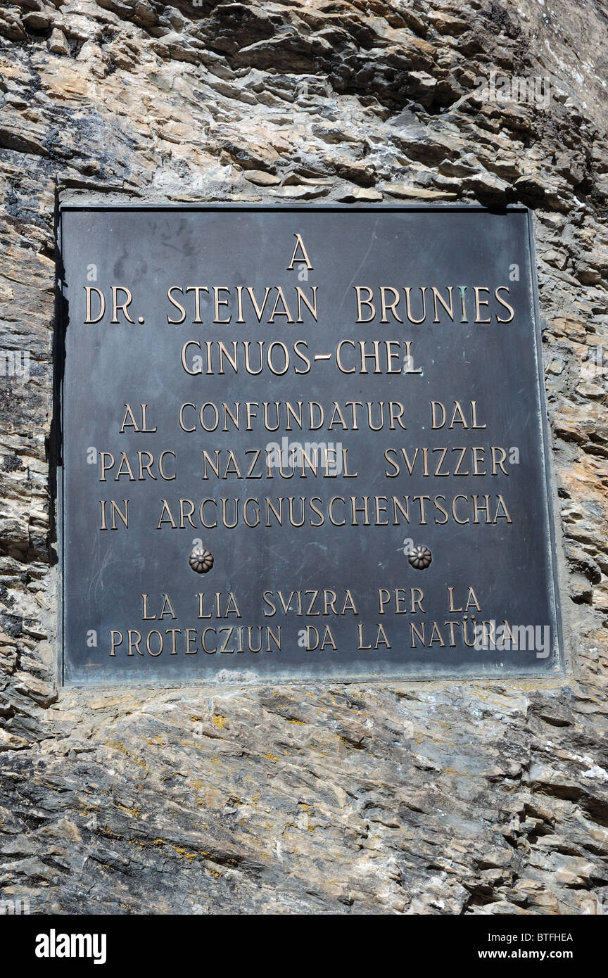 Memorial plaque for Steivan Brunies, one of the founders of the Swiss National Park Stock Photo