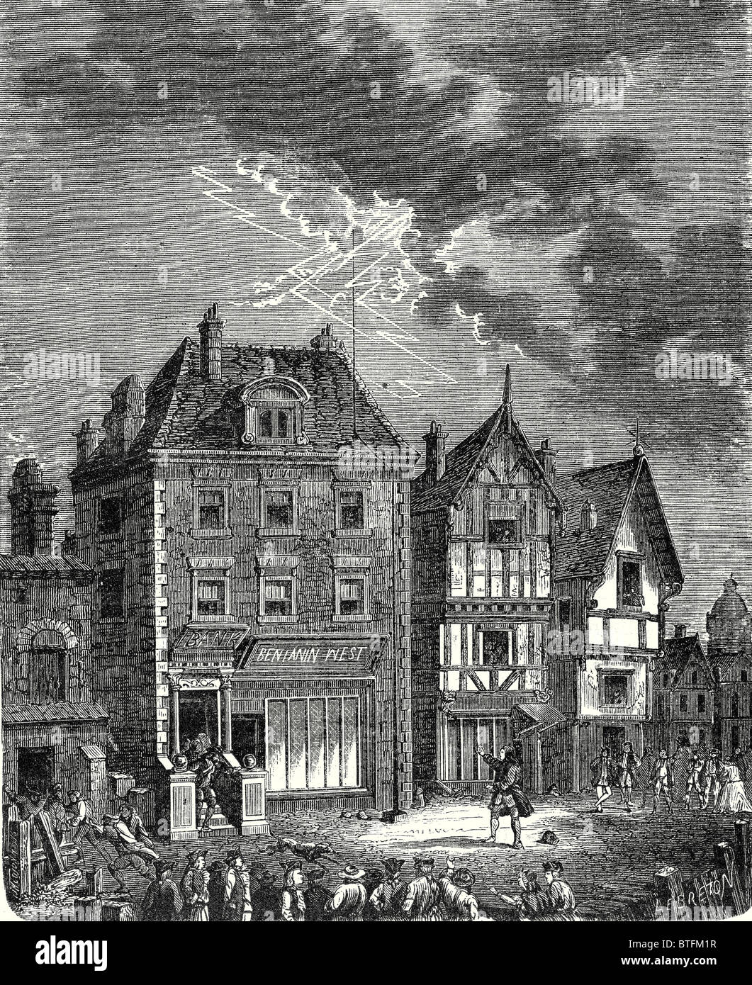 The first lightning rod created by Franklin in Philadelphia, located on the roof of the house of Benjamin West, is hit by Stock Photo