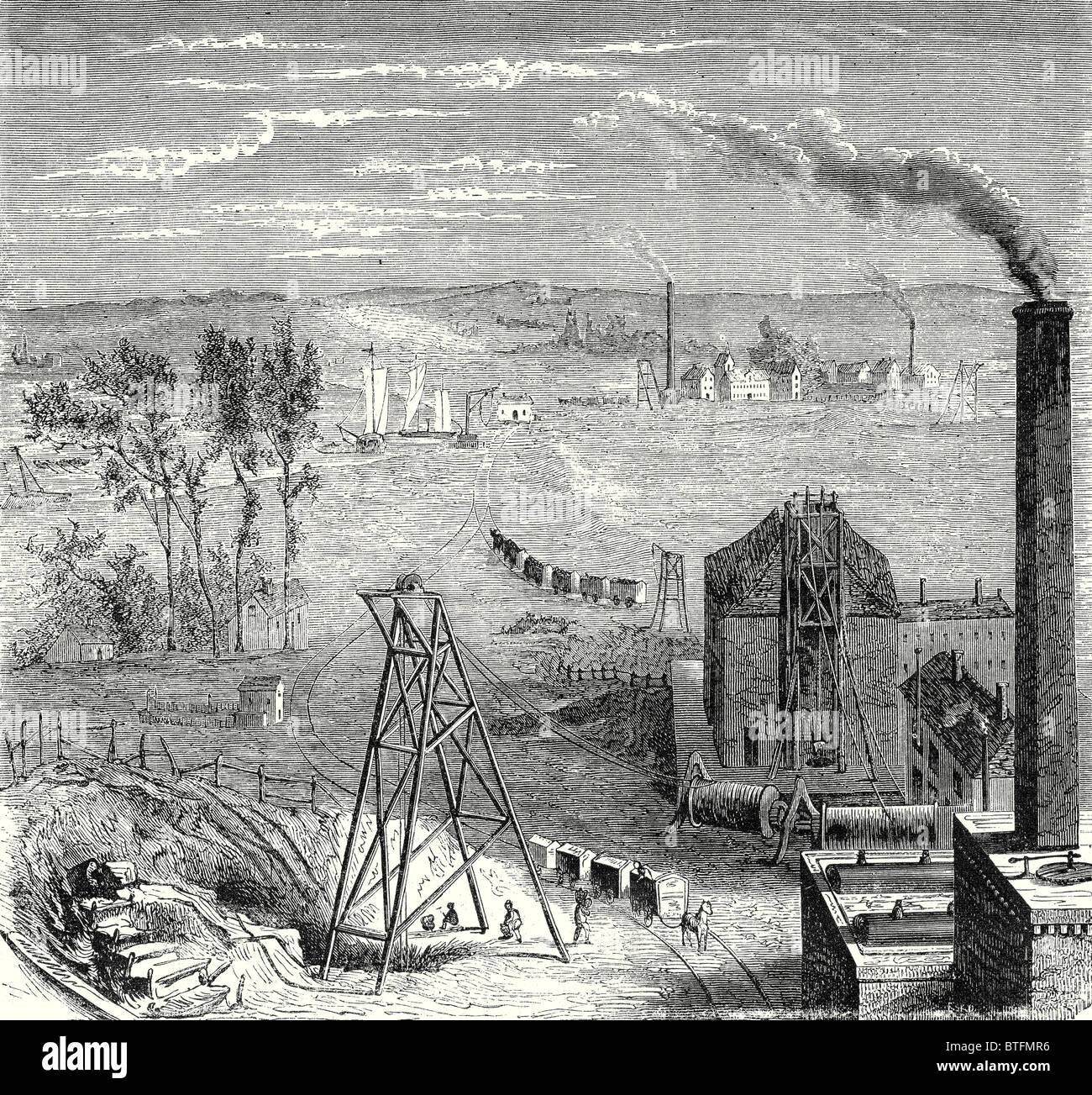 A coal mine in Newcastle, with wagons drawn by horses on wooden rails Stock Photo