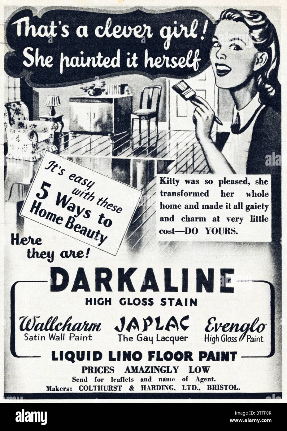 Advertisement featuring woman having painted her house with Darkaline paint in English magazine circa 1950 Stock Photo
