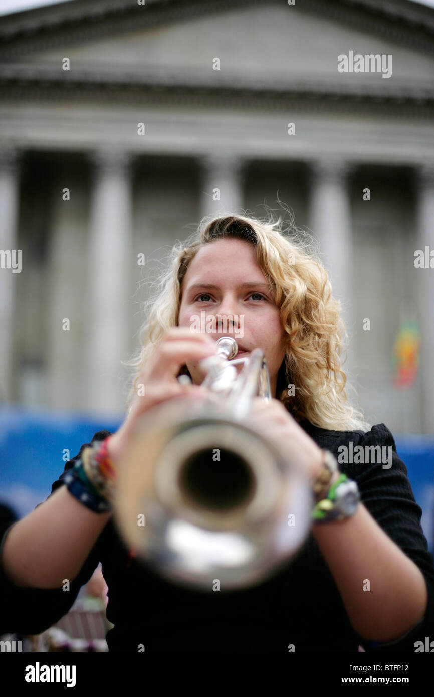 A teenage girl playing the trumpet at Birmingham Artsfest, UK Stock Photo