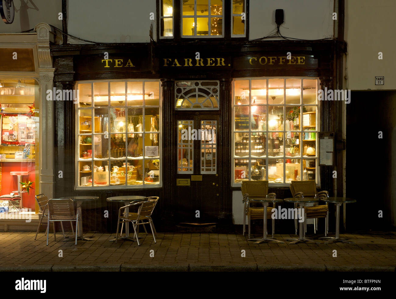 Farrer's tea and coffee merchants, at night, Stricklandgate, Kendal, Cumbria, England UK Stock Photo