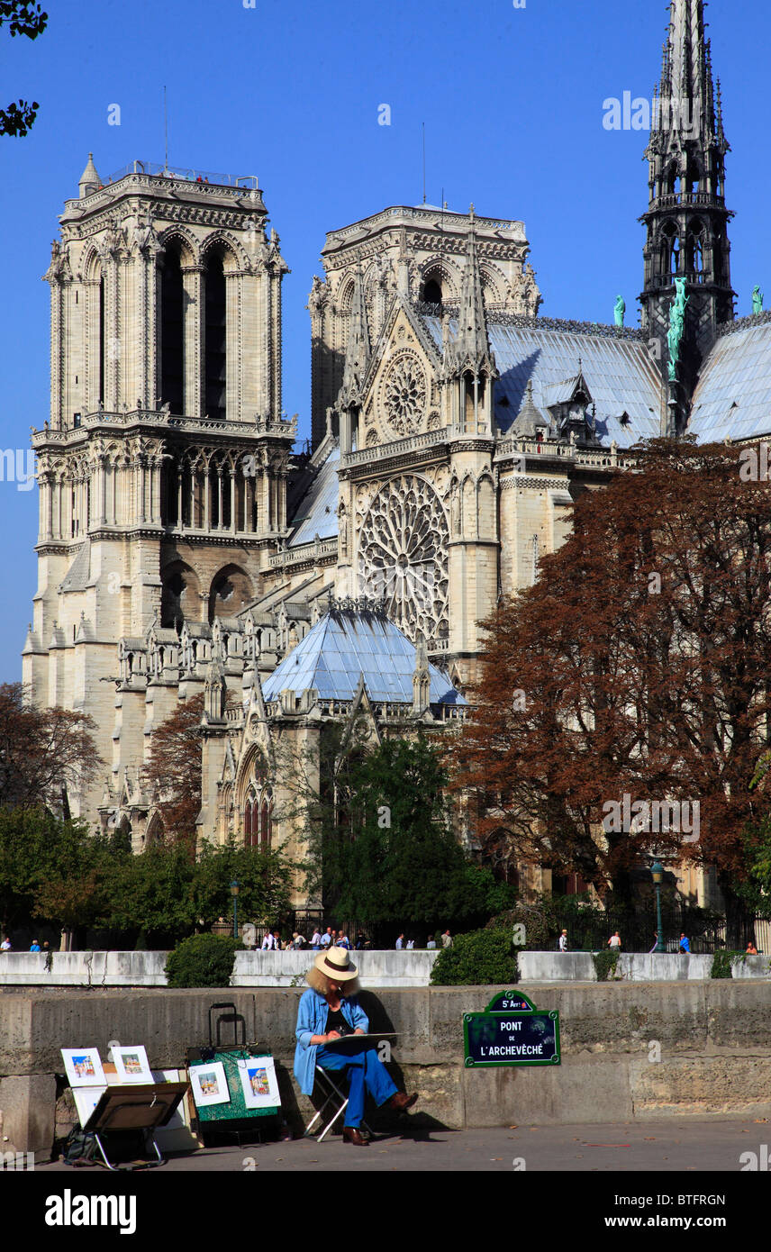France, Paris, Notre-Dame Cathedral, street painter, Stock Photo