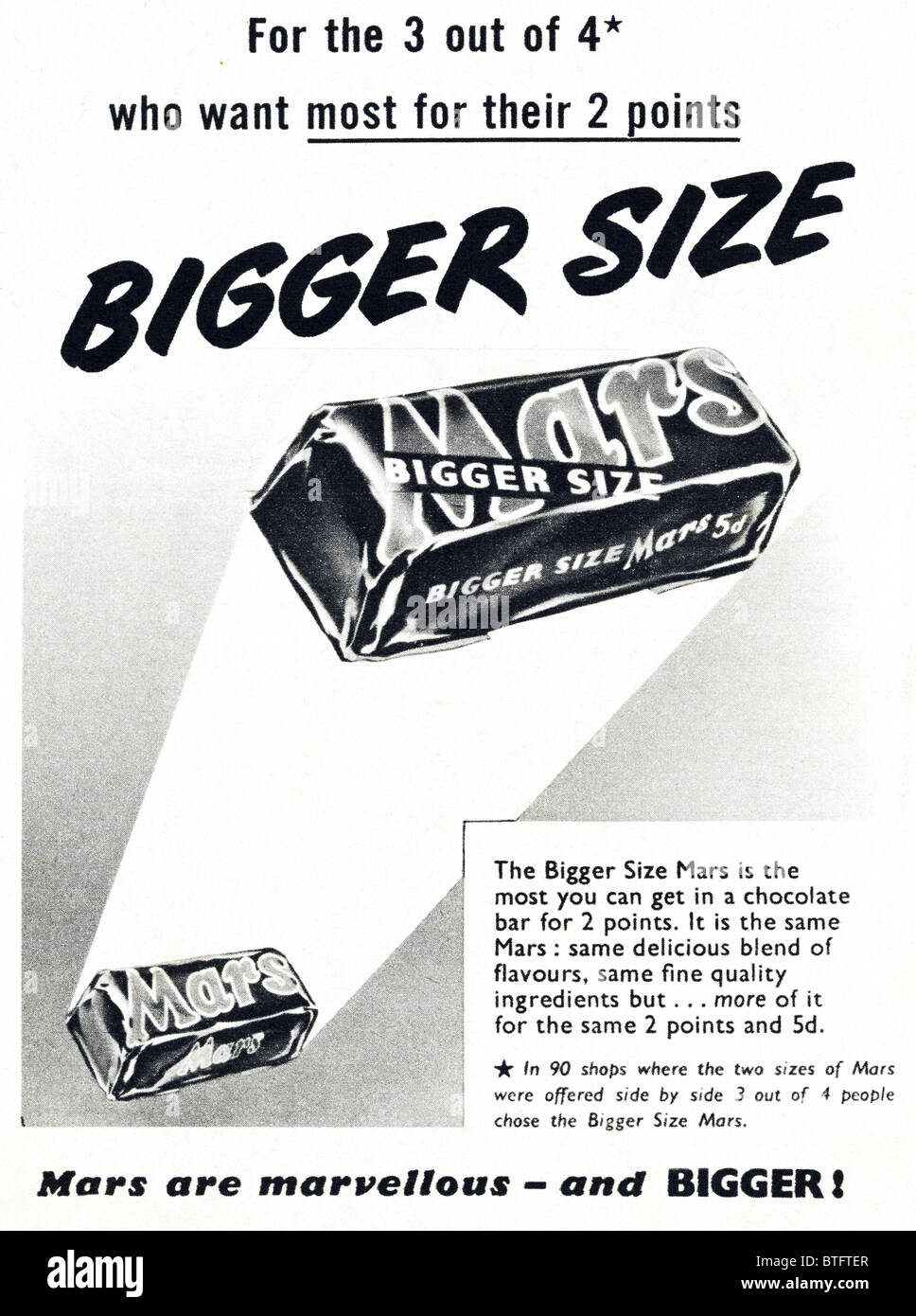 Advertisement for Mars chocolate bars in English magazine circa 1950