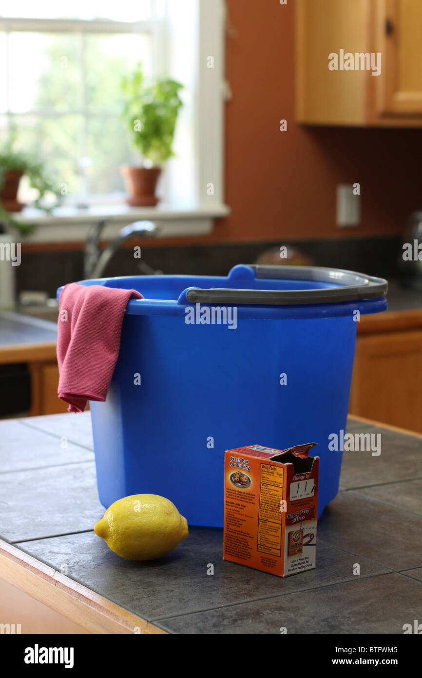A bucket, rag, and natural cleaning solutions. Stock Photo