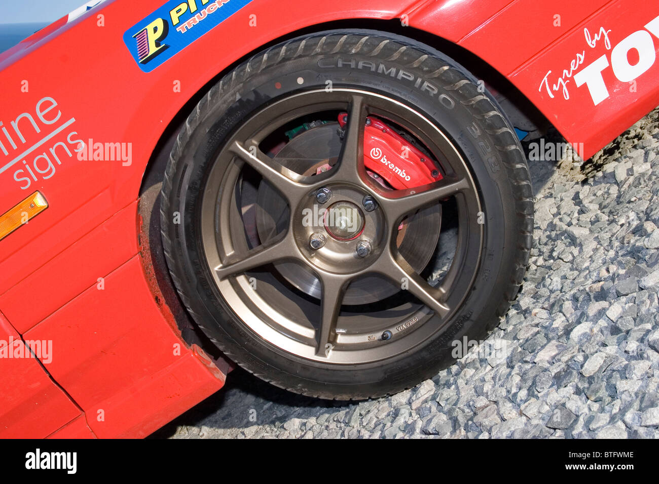 Front wheel and Brembo brake calliper on a race car Stock Photo Alamy
