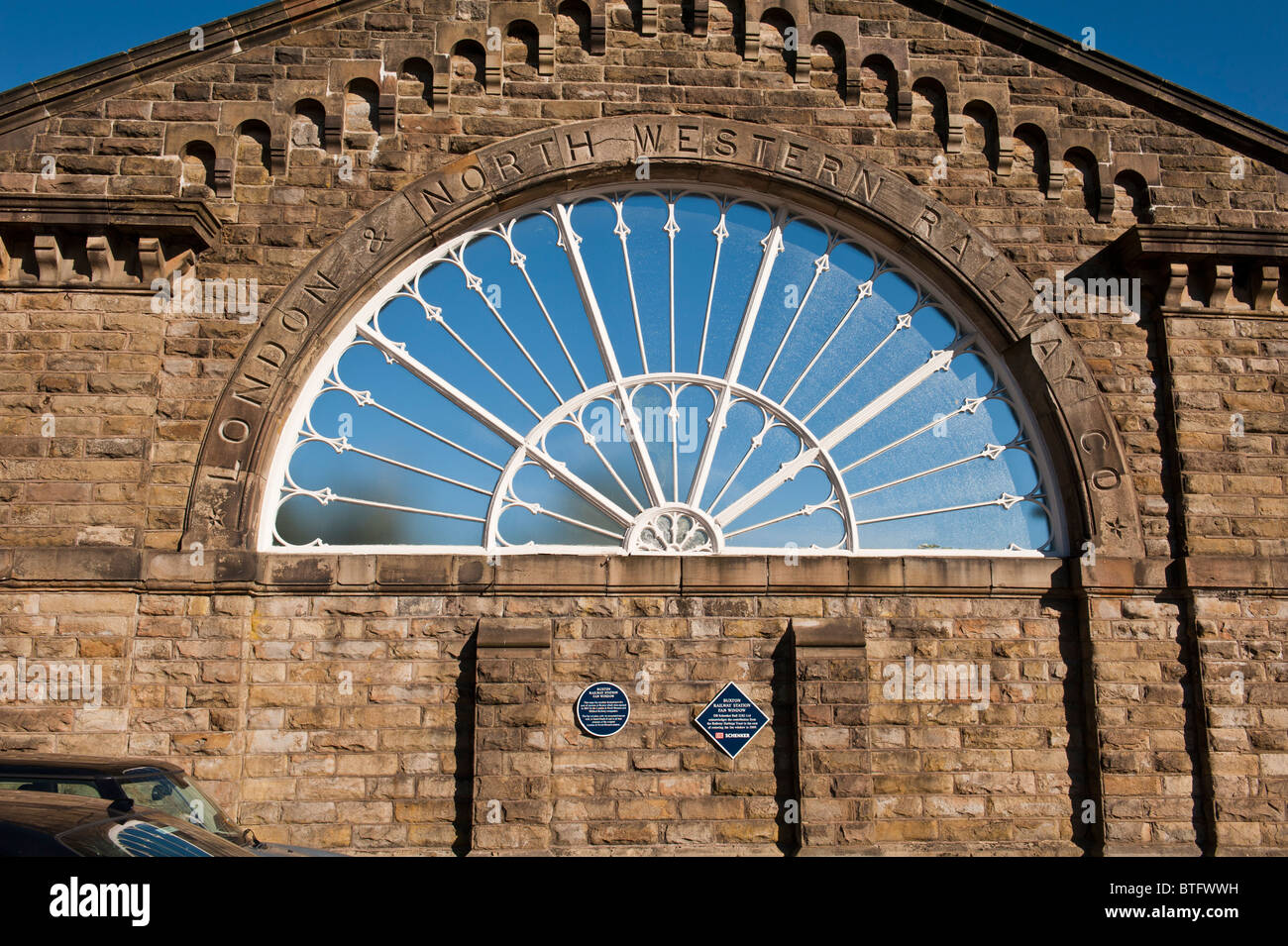 The Fan Window, Buxton Railway Station, Buxton, Derbyshire, England, UK. Restored by the Railway Heritage Trust. Stock Photo