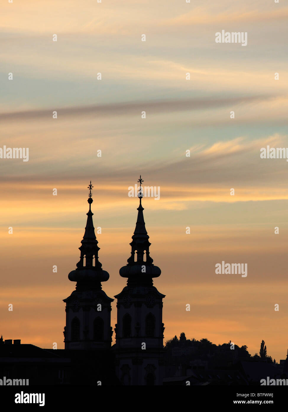 Hungary, Budapest, St Anne Church, sunset sky, Stock Photo