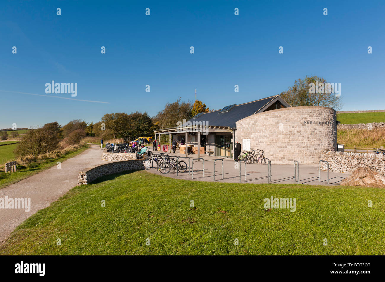 On the site of an old railway station stands a cycle hire centre for people using the High Peak Trail. Also near the Tissington Trail. Stock Photo