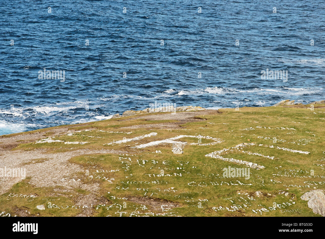 The word 'EIRE' spelled out in stones on Malin Head, Inishowen Peninsula, County Donegal, Ulster, Ireland. Stock Photo