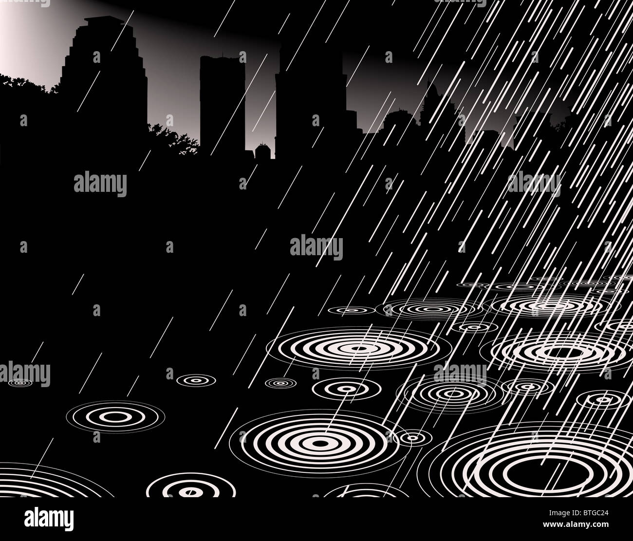 Illustration of rain with a city skyline and copy-space Stock Photo