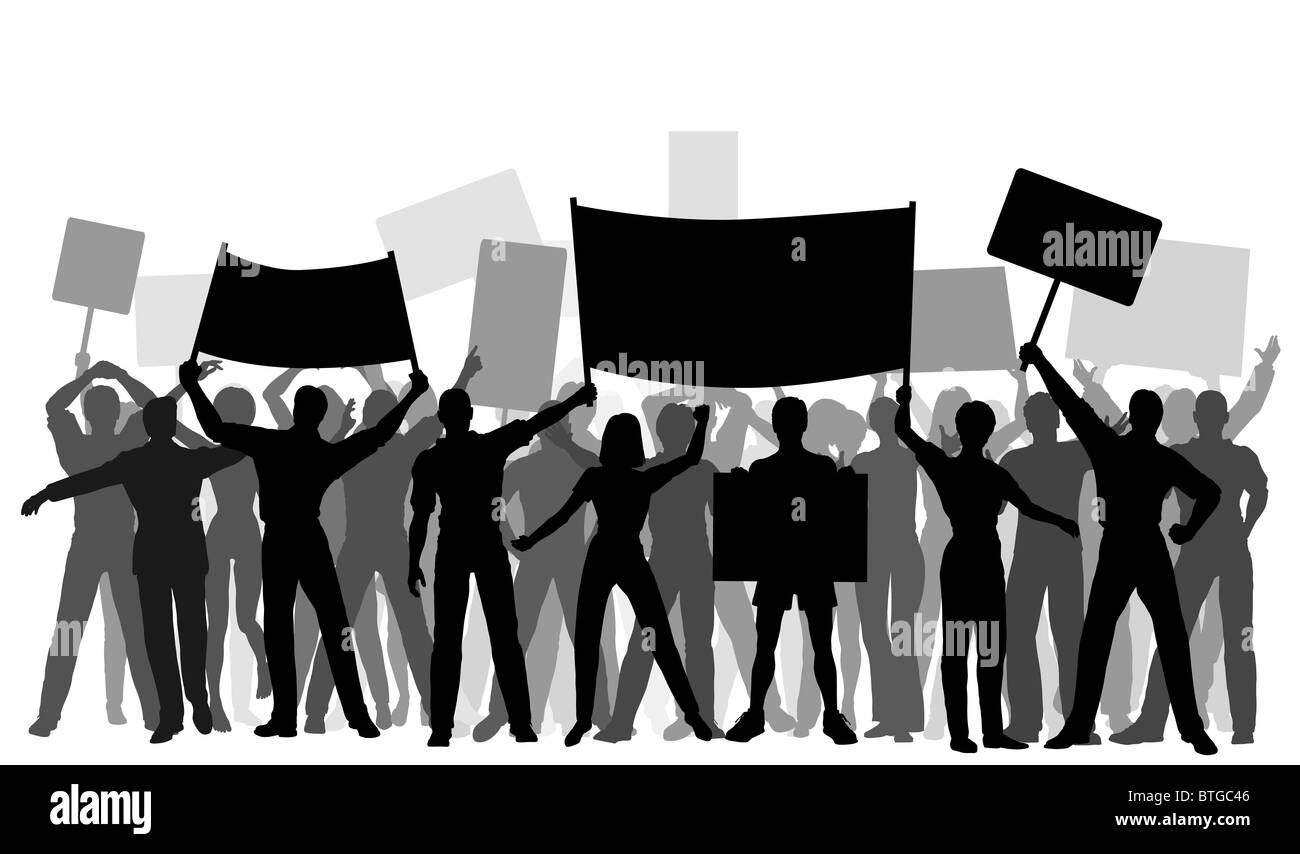 Illustrated silhouettes of protesters and banners Stock Photo