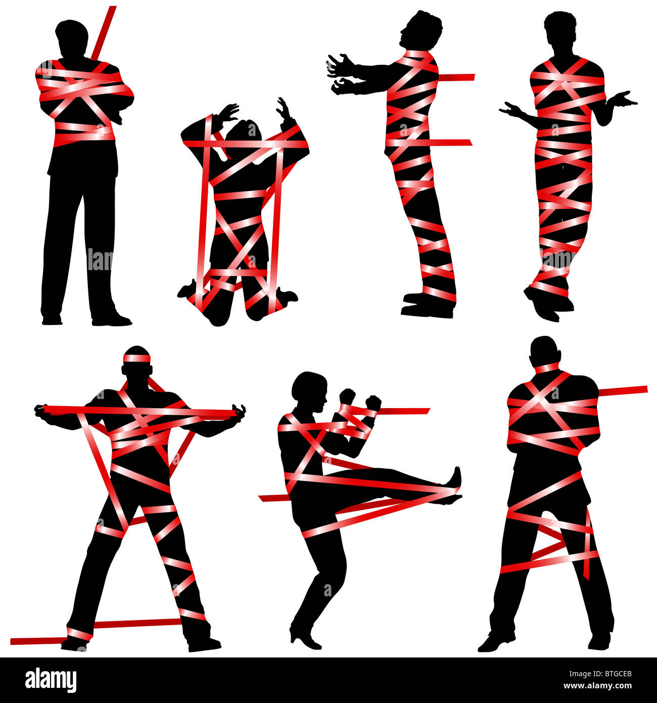 Set of illustrated silhouettes of people wrapped in red tape Stock Photo