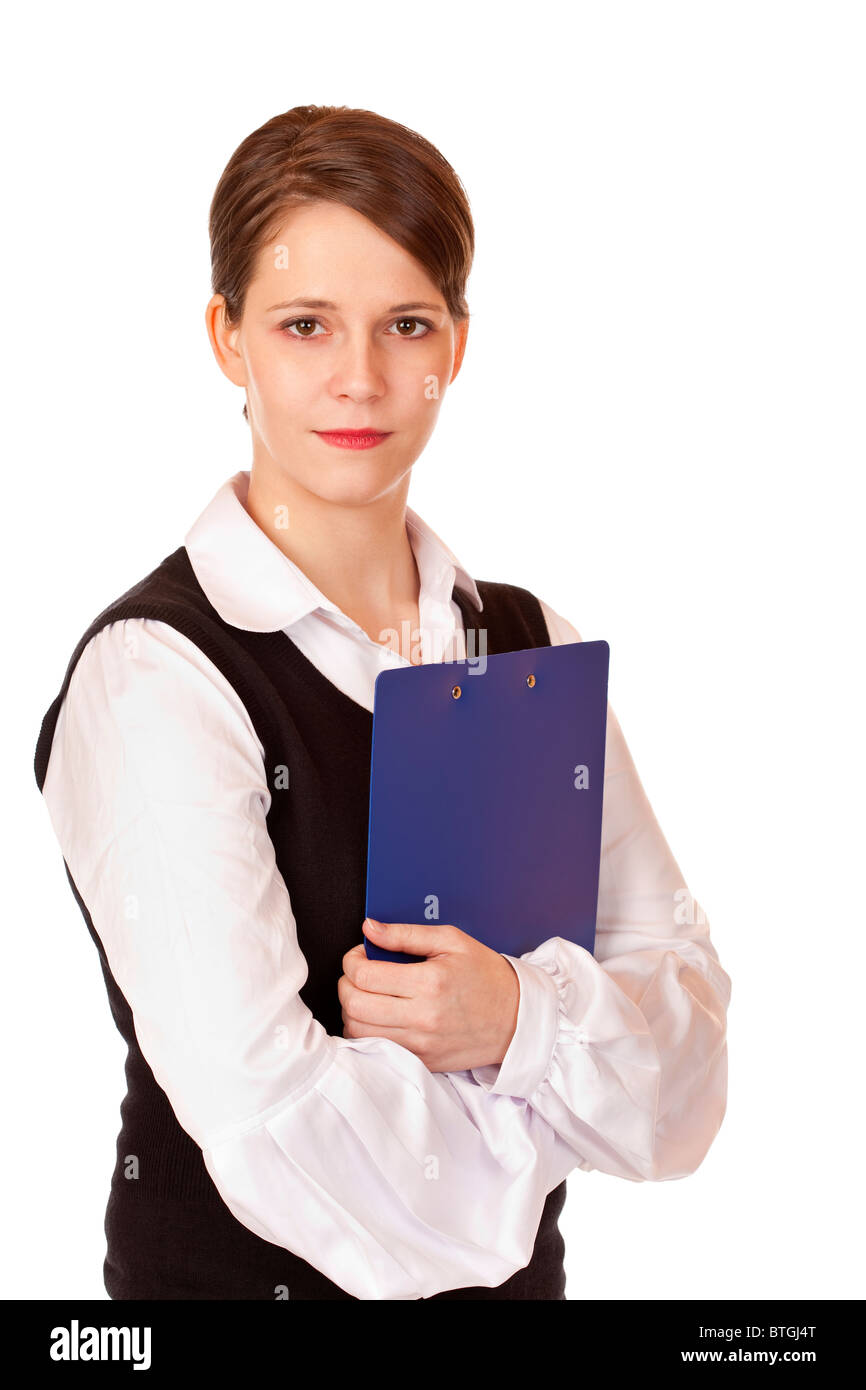 Self confident businesswoman with clipboard. Isolated on white background Stock Photo