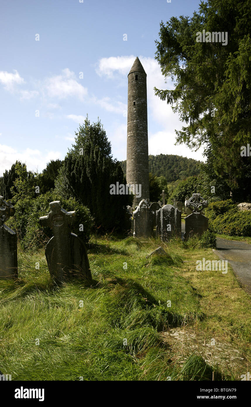 Irish Round Tower, Glendalough, County Wicklow, Ireland Stock Photo