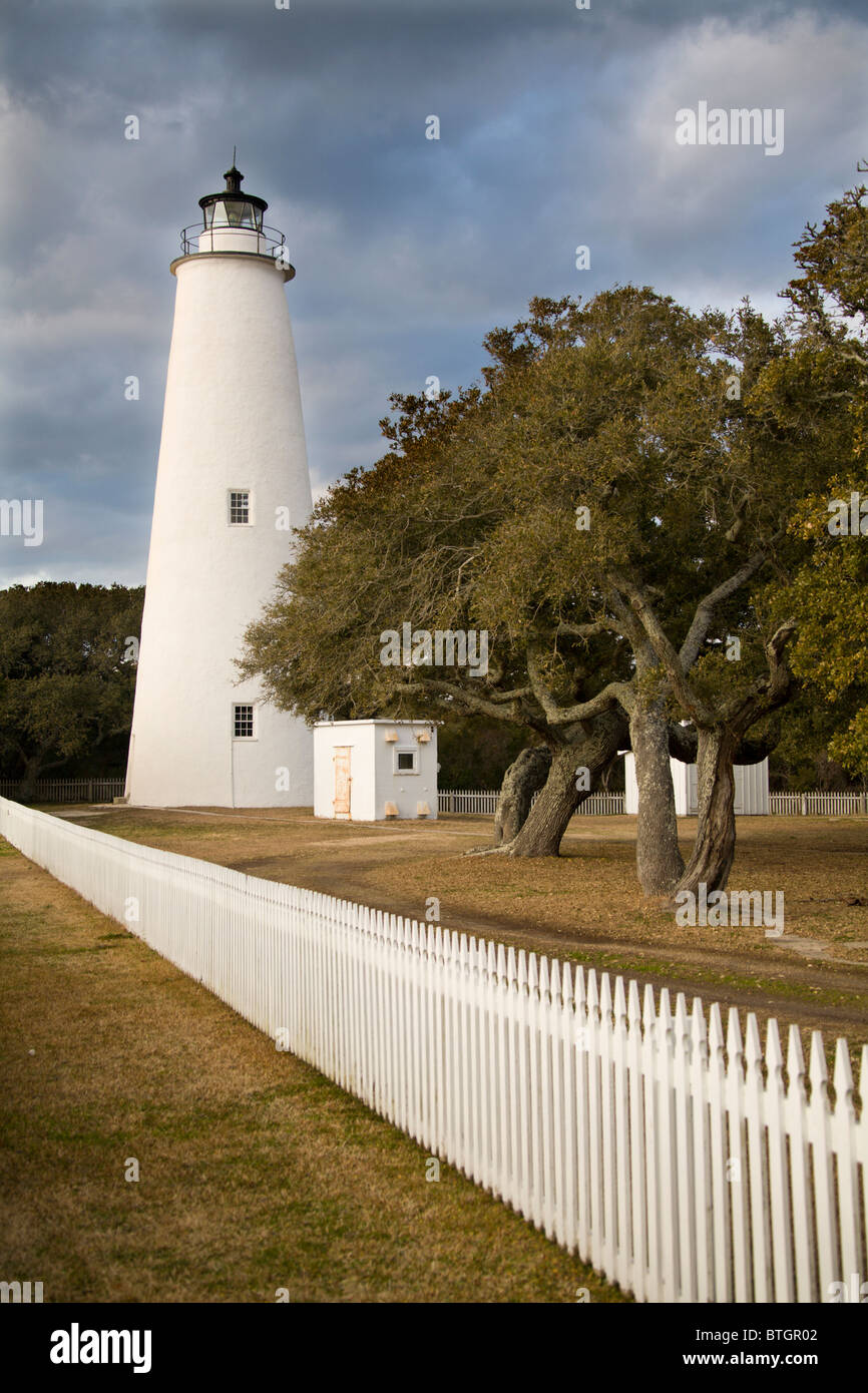 Looking up the picket fence at the historic Ocracoke Island Lighthouse