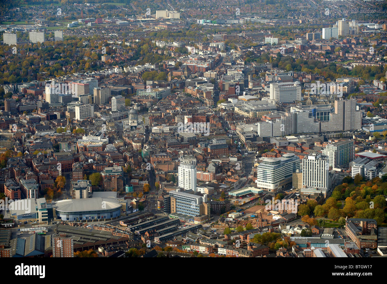 Nottingham City  Centre from the air, East Midlands, uk Stock Photo