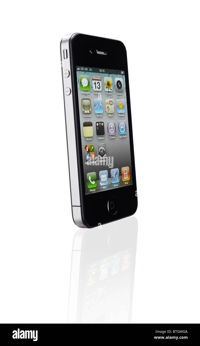 Apple iPhone 4 cut out on a white background with clipping path and reflection. Stock Photo