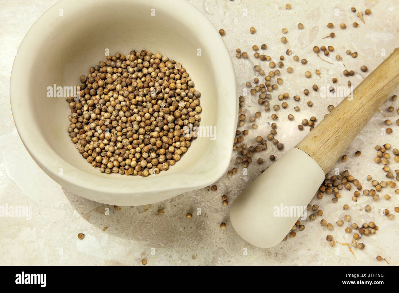 Coriander seeds in pestle and mortar Stock Photo